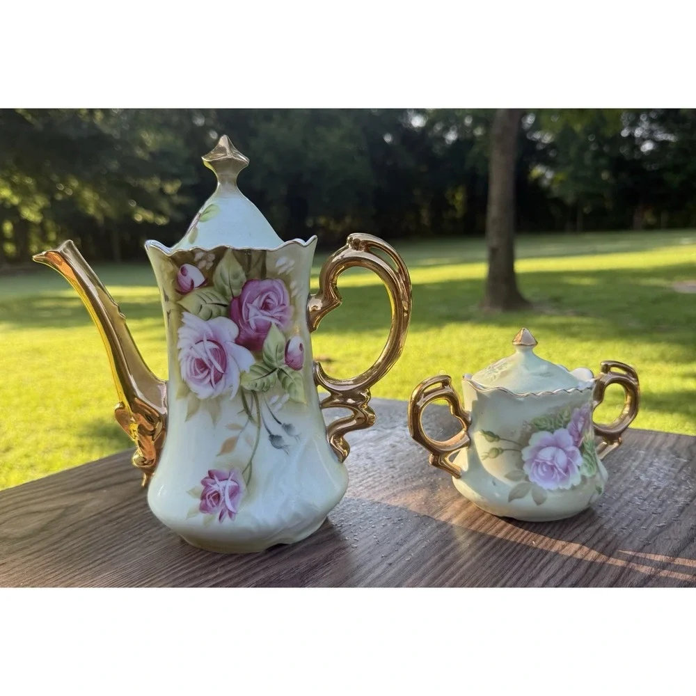 Vintage LEFTON Green Heritage Pink Rose Teapot 3065 Sugar Bowl 05851 2 Piece Set